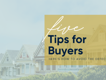 Background image of houses. Image has a light green filter. A overlay with white and gold text stating "Five tips for buyers - here's how to avoid the defect trap"