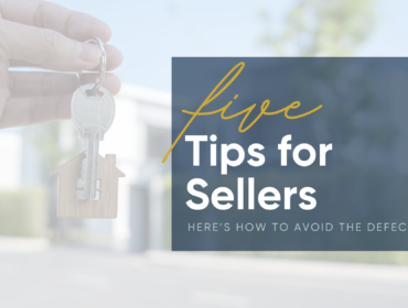 Background image of keys being handed over. Image has a white filter. A navy blue overlay with white and gold text stating "Five tips for sellers - here's how to avoid the defect trap"